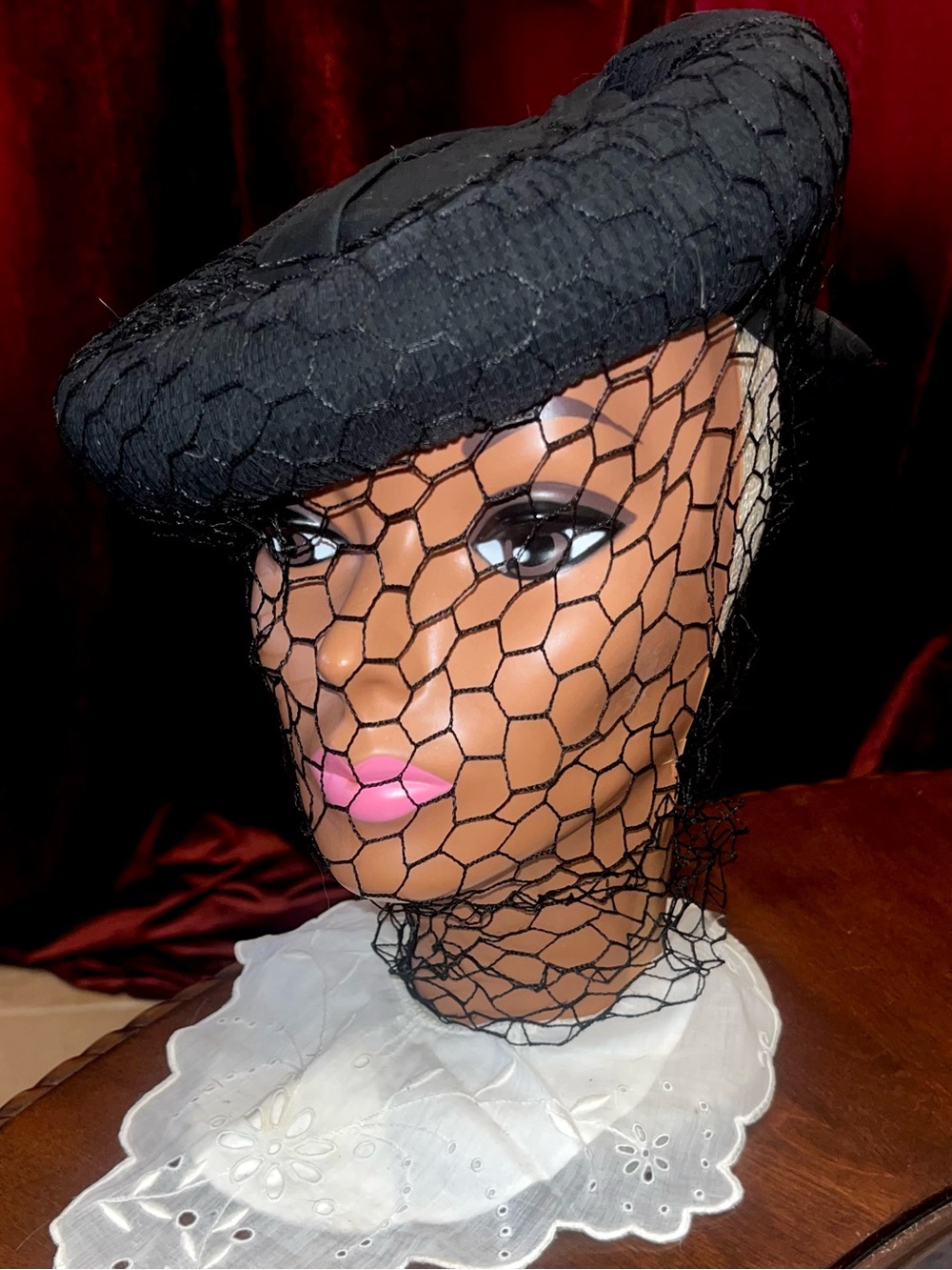 1940s 40s Vintage Black Structured Tube Hat w/ Long Netting & Bow by Trixie Hats